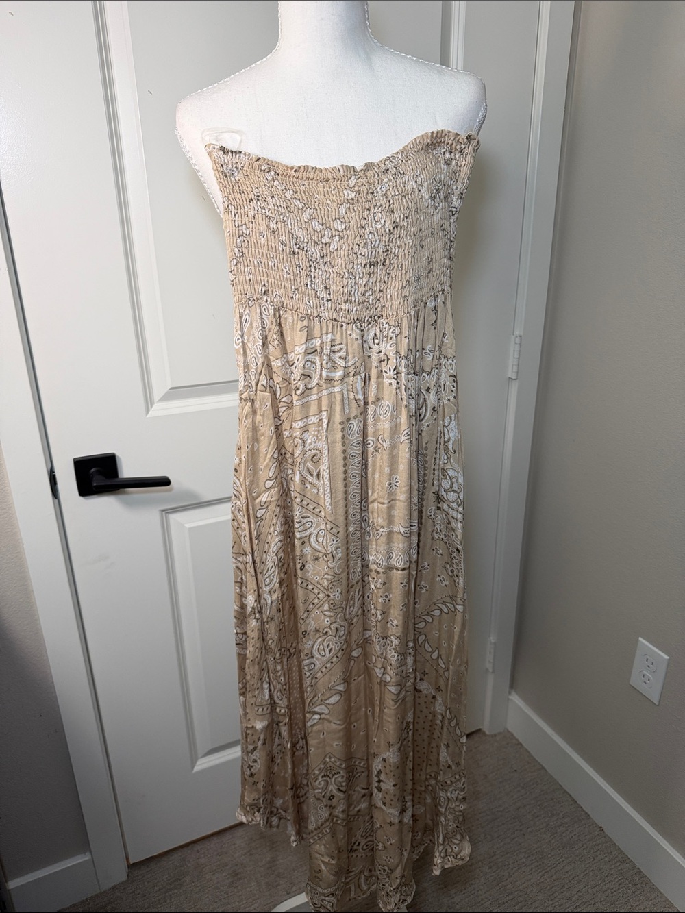 Beige Strapless Smocked Maxi Dress - Casual Women’s Dress